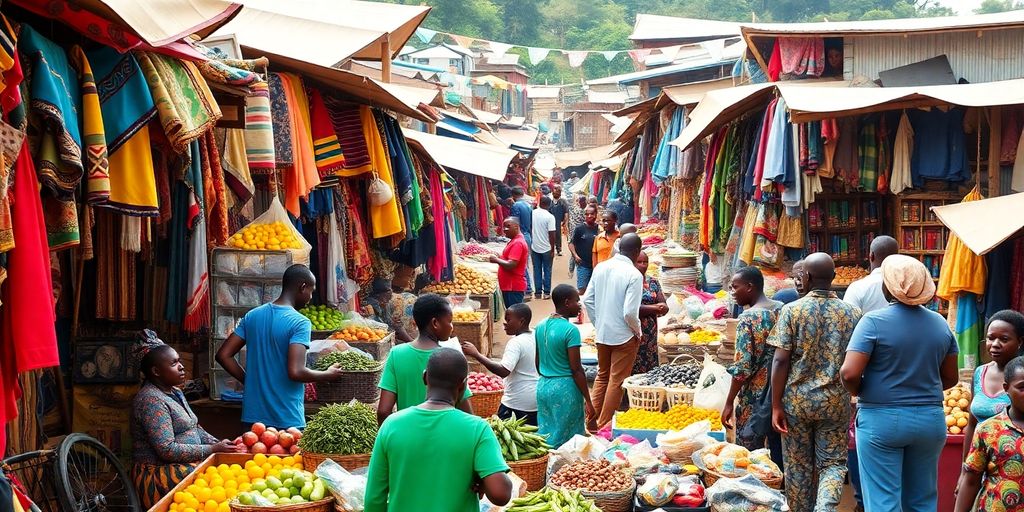 Vibrant African marketplace with diverse vendors and goods.