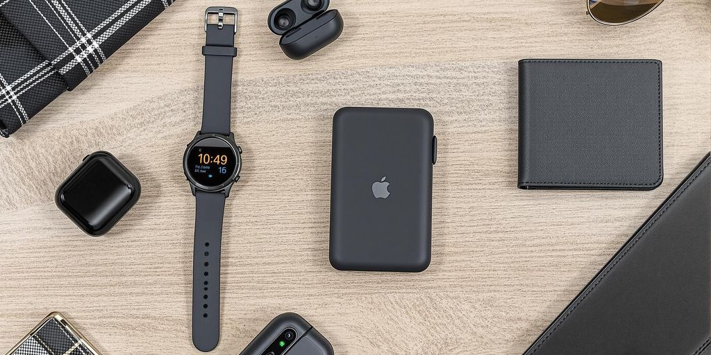 Flat lay of tech gifts for groomsmen.