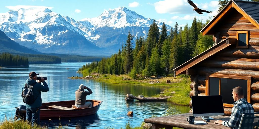 Alaskan landscape with wildlife and remote work settings.