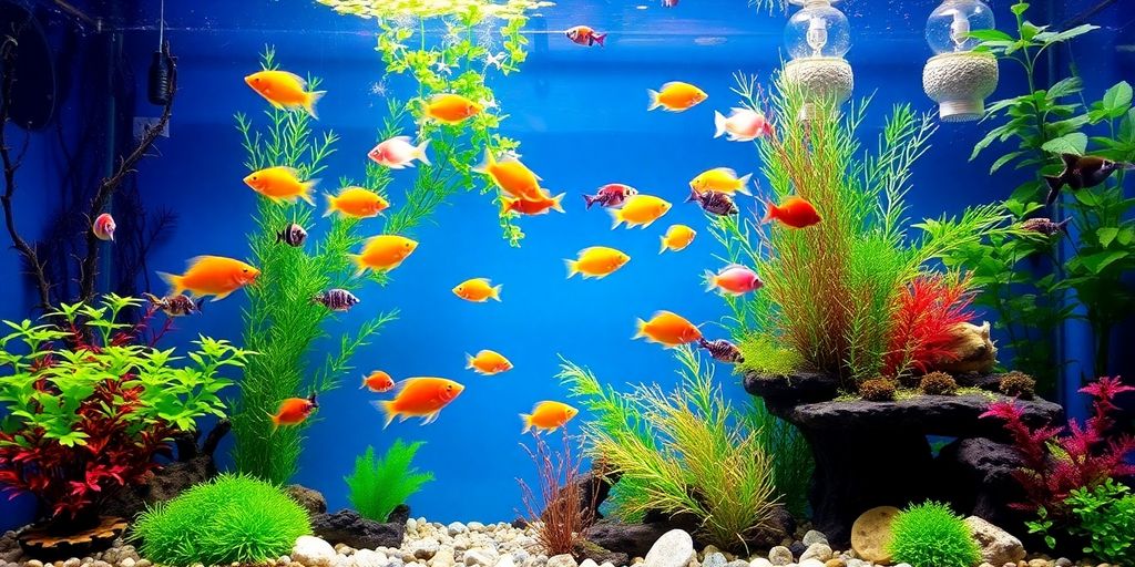 Peces coloridos en un acuario bien preparado con plantas.