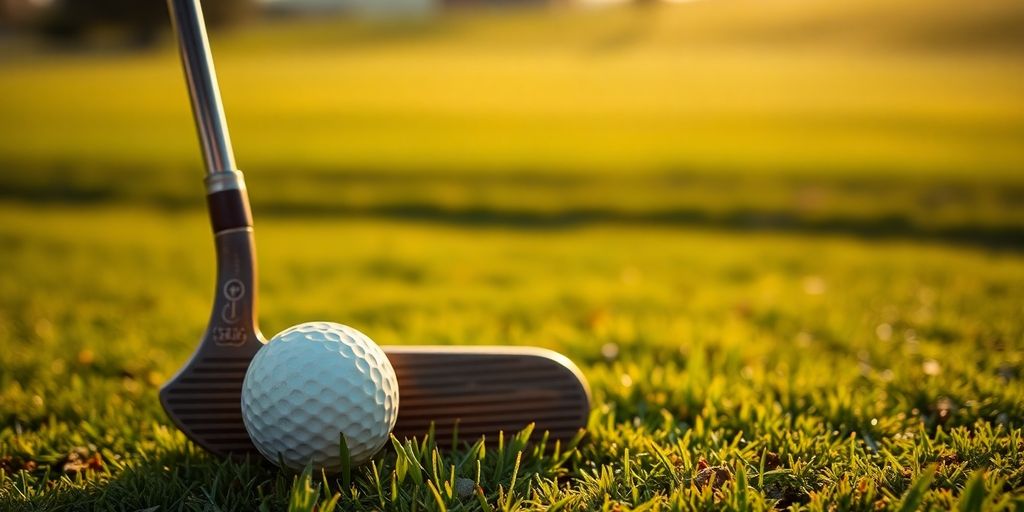 Vintage golf club and ball on green fairway.