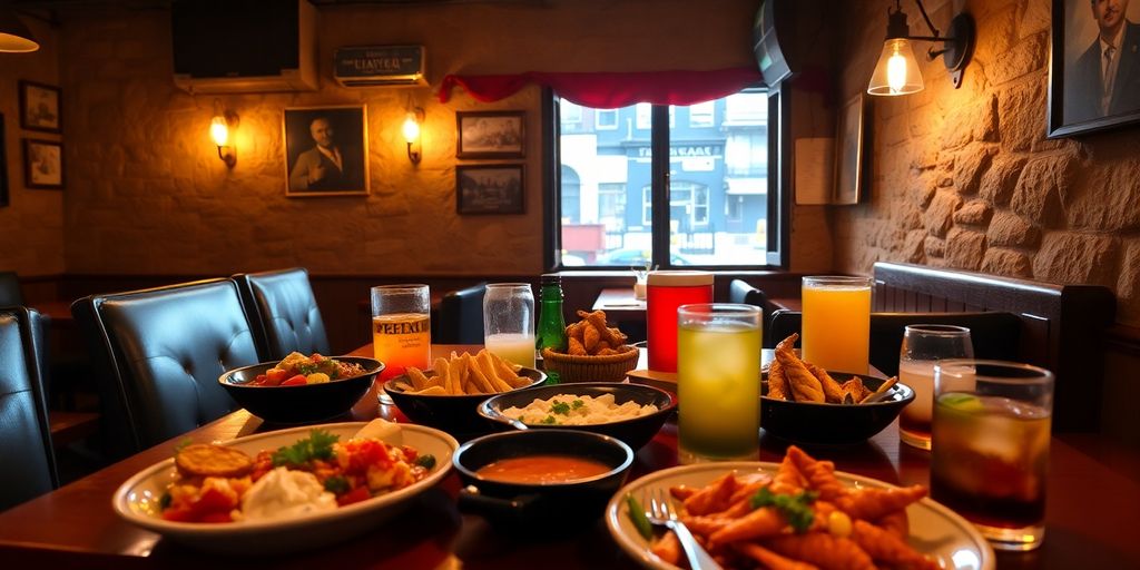Dining table with meze and seafood at Çukur Meyhane.