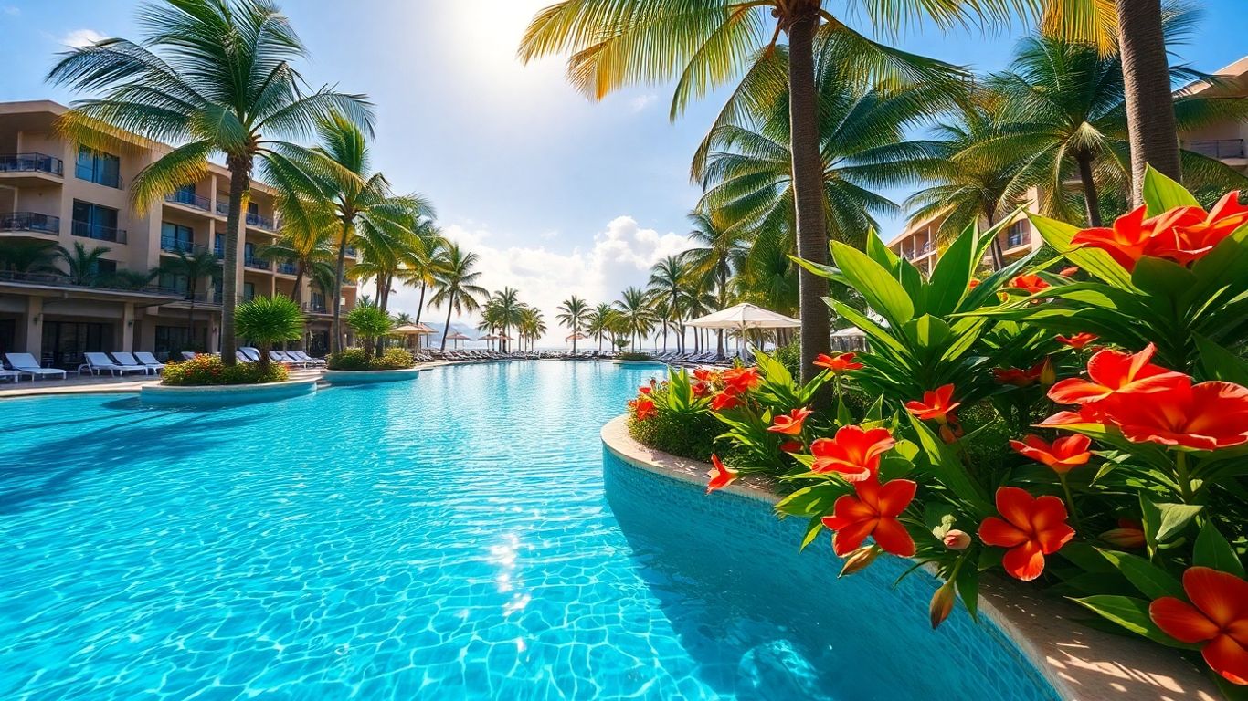 Piscine d'hôtel luxueuse sous le soleil des Caraïbes.
