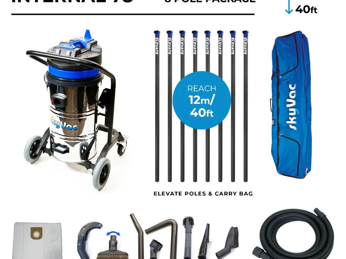 Image du produit affichant SkyVac Internal 78 avec accessoires et outils.