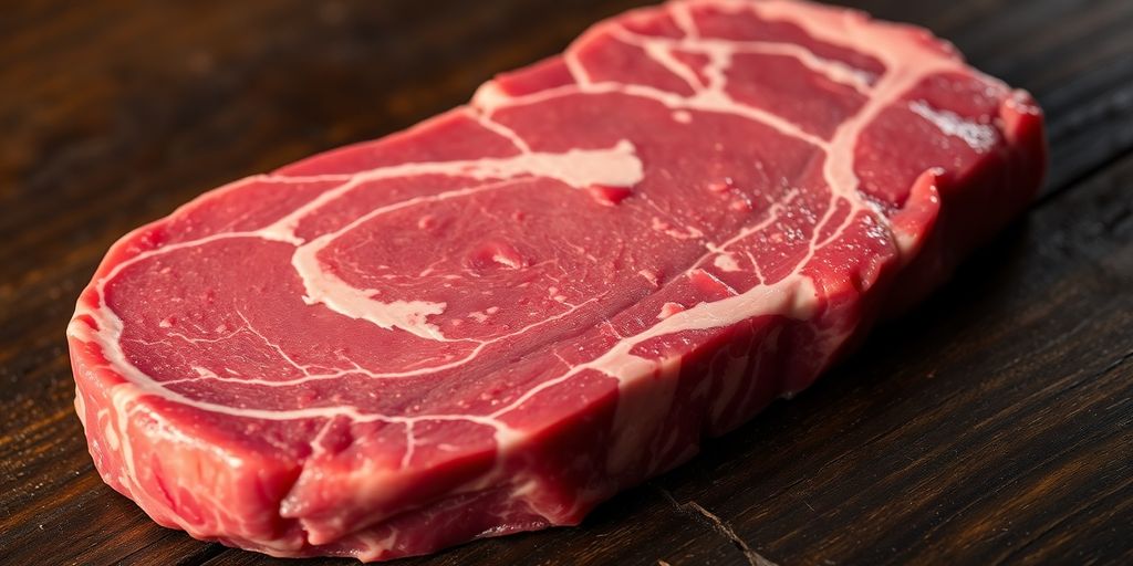 Juicy grass-fed beef steak on a rustic wooden board.