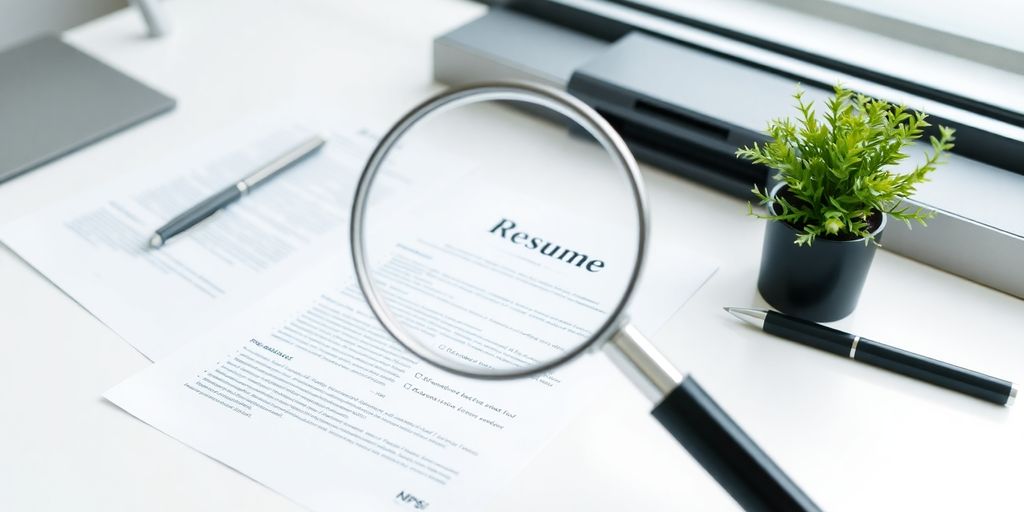 Resume documents with a magnifying glass.