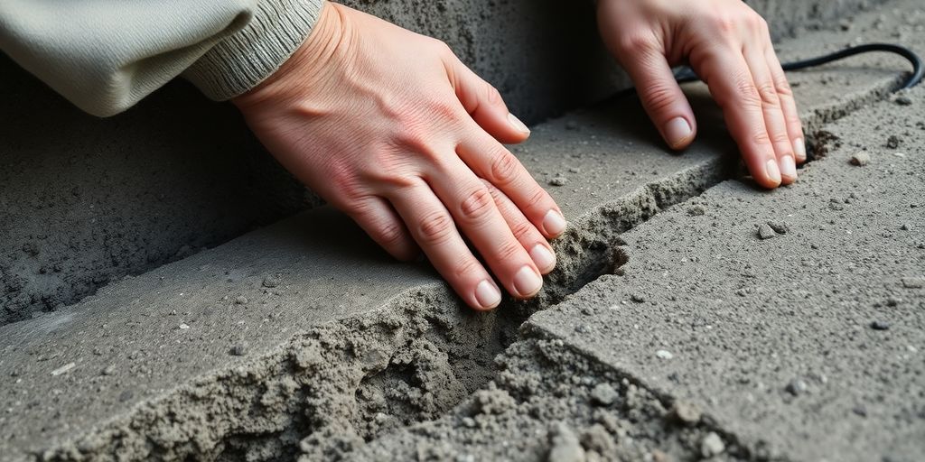 Close-up of a contractor examining a building's foundation.