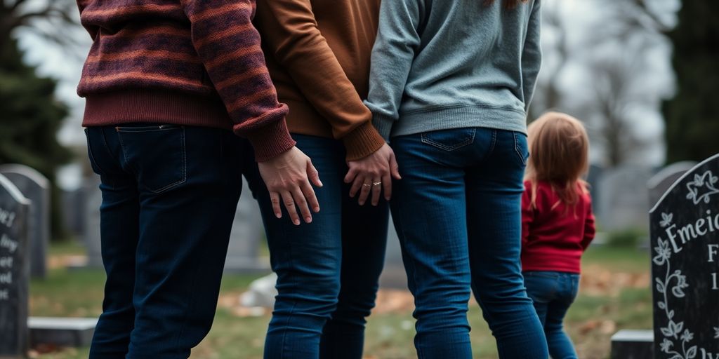 Grieving family holding hands at a somber graveside.