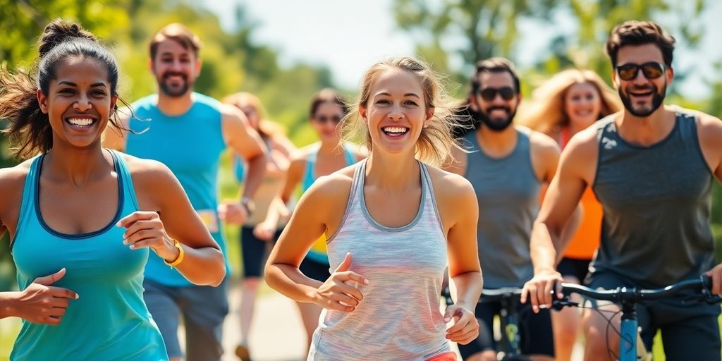 Group of diverse people enjoying outdoor fitness activities.