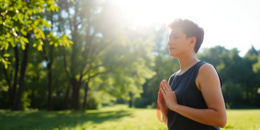 Person meditating outdoors in serene natural setting.