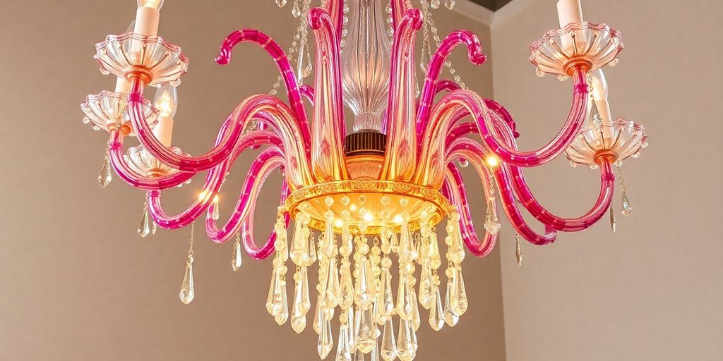 Intricate Murano glass chandelier illuminated.