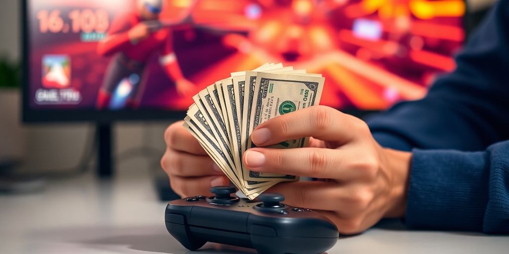 Gamer smiling, holding cash, playing on computer.