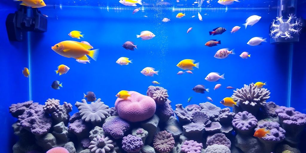 Colorful saltwater fish tank with coral and fish.