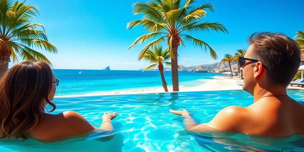 Couple enjoying luxury beach resort pool in Cabo.