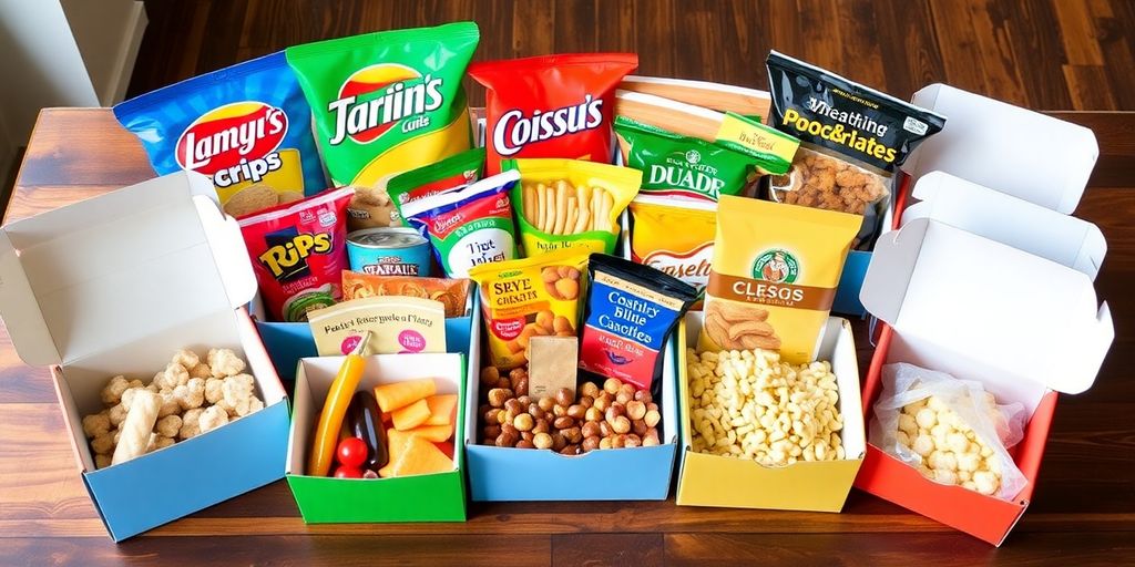 กล่องขนมหลากหลายชนิดบนโต๊ะไม้