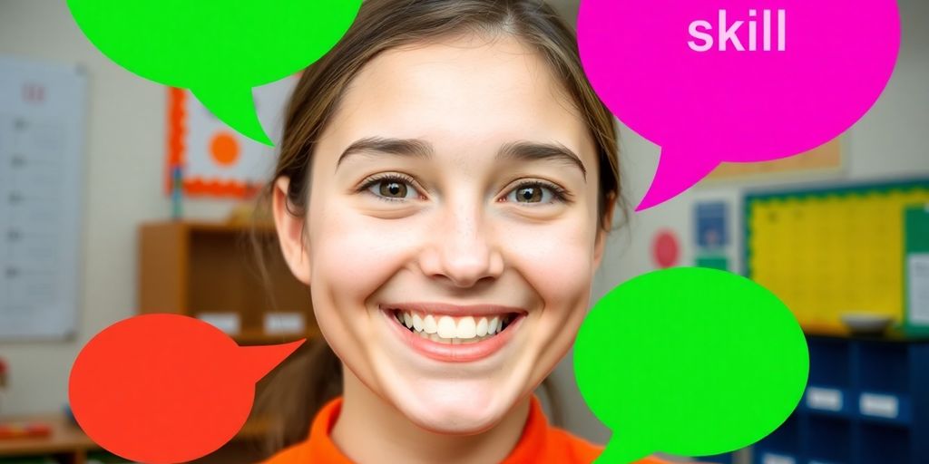 Person practicing pronunciation in a colorful classroom setting.