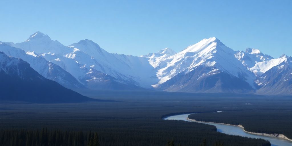 Vast snow-capped mountains and dense forests under a clear sky.
