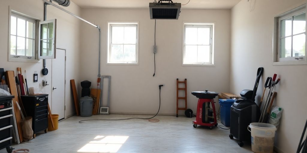 Garage bien ventilé avec fenêtres ouvertes et lumière naturelle.