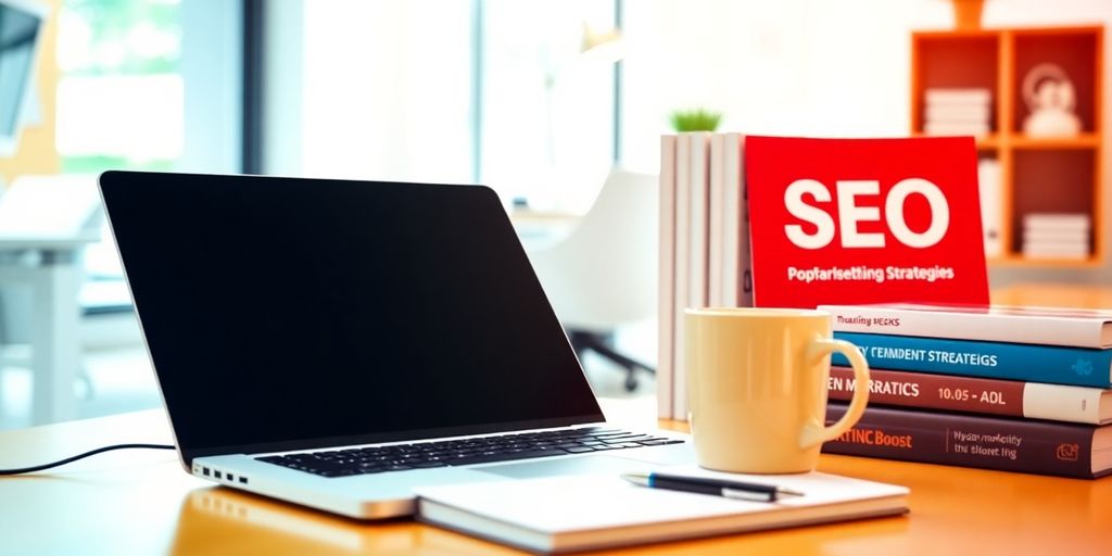 490. SEO para descupinizadora: Conquiste clientes no Google 3 Espaço de trabalho moderno com computador e livros de SEO.