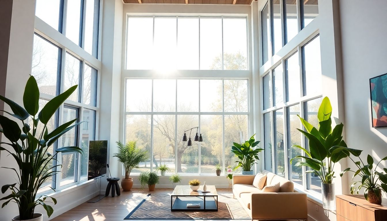 Bright townhouse interior with large windows and sunlight.