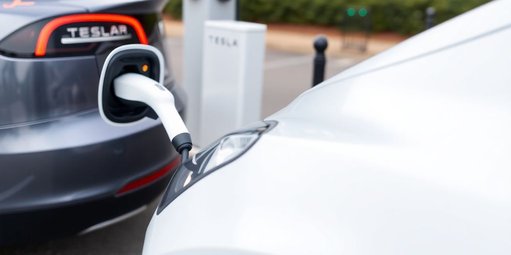 Tesla charging at an electric vehicle station.