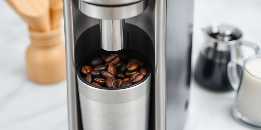 Espresso grinder, beans, portafilter, tamper, steam.