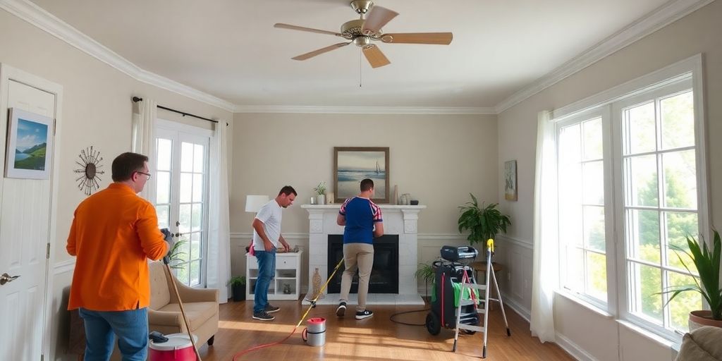 Professional team cleaning mold in a bright home interior.