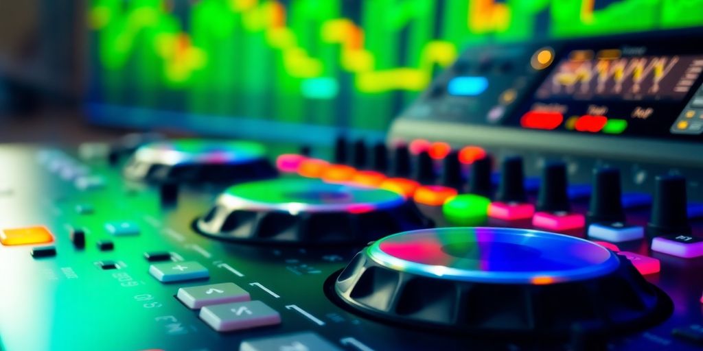 Close-up of a DJ mixing console and sound waves.