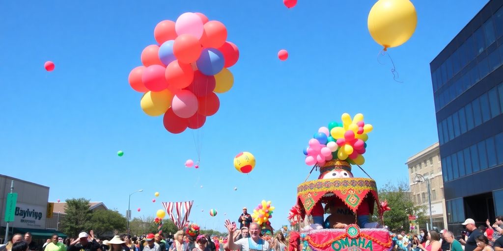 Omaha parade with colorful floats and festive costumes.