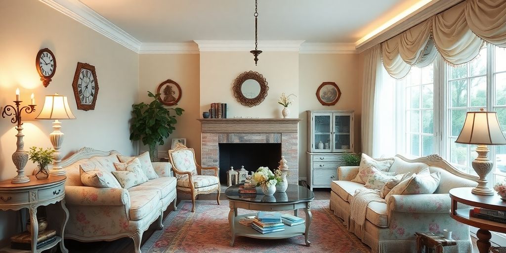 Cozy shabby chic living room with vintage decor.