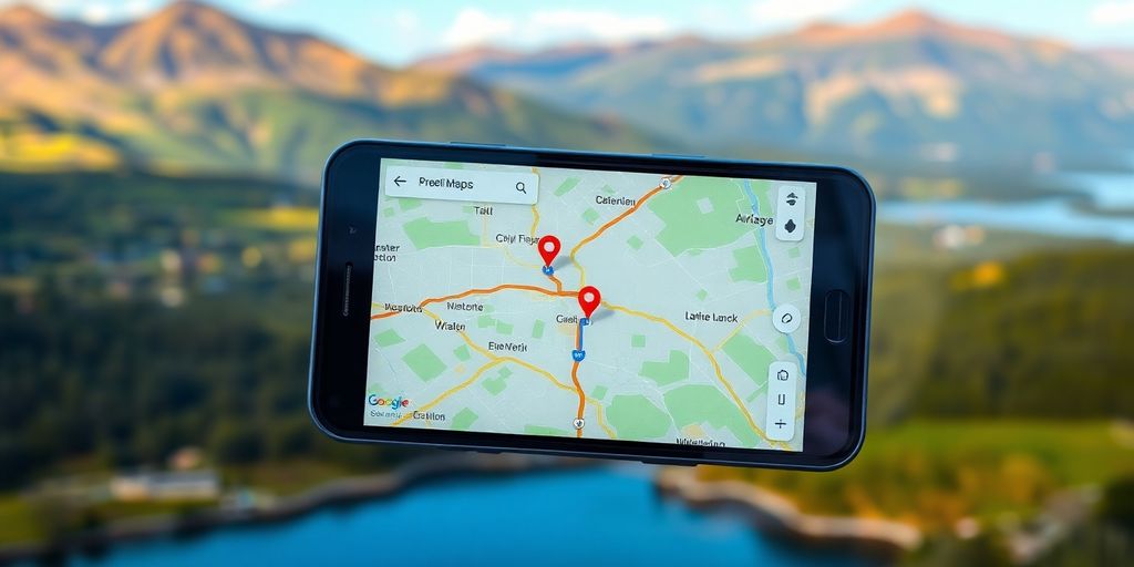 Smartphone with Google Maps showing a route between locations.