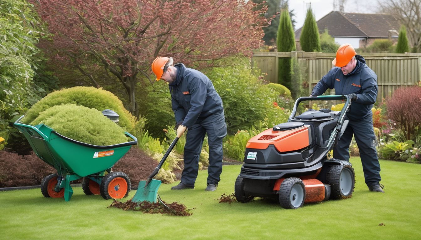 garden clearance tools and professionals working in a garden