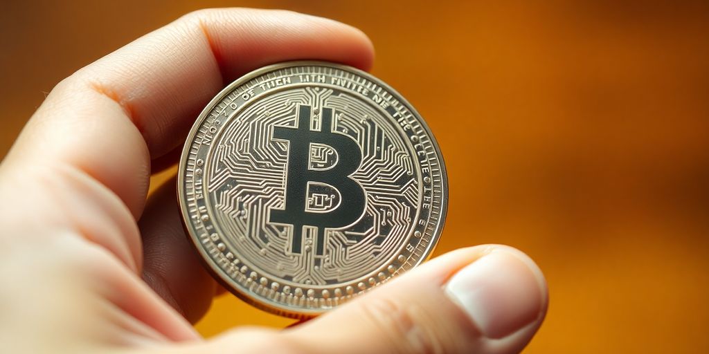 Hand holding metallic coin with circuit pattern against blurred background