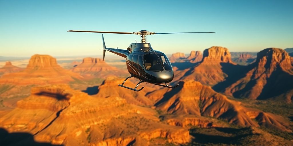 A modern helicopter flying over Sedona's red rock formations.