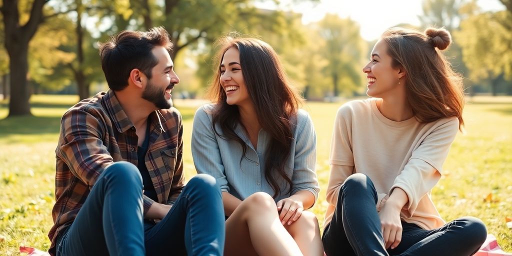 Two friends laughing together in a sunny park.