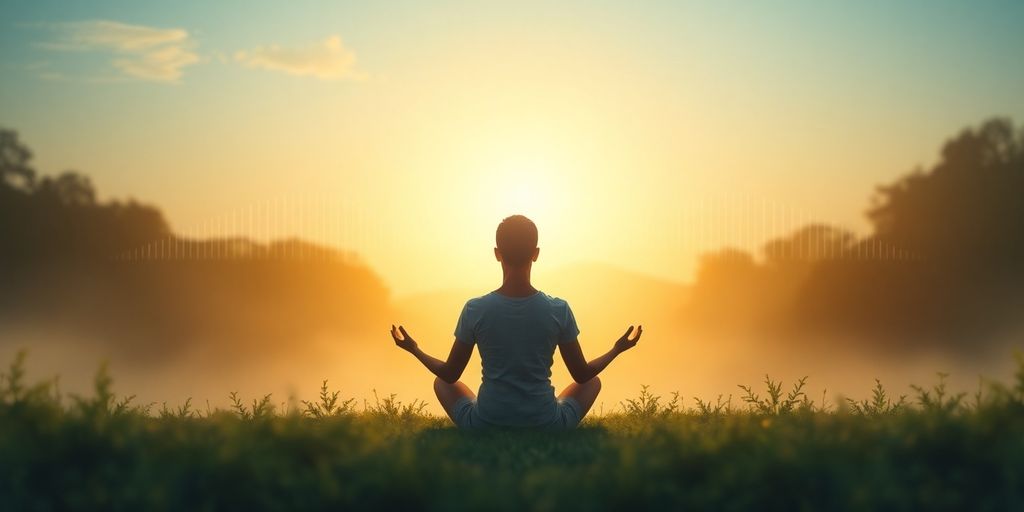 Person meditating in nature with sound waves around them.