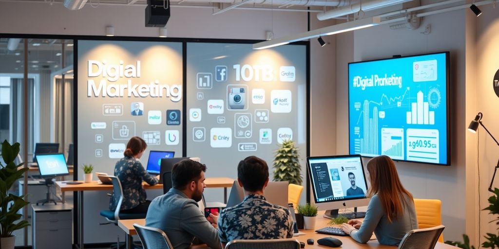 Profissionais de marketing digital em ambiente de escritório moderno.