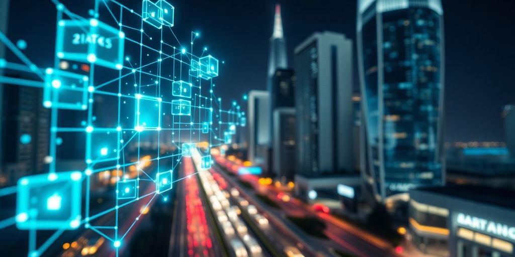 Glowing blockchain network over modern city.
