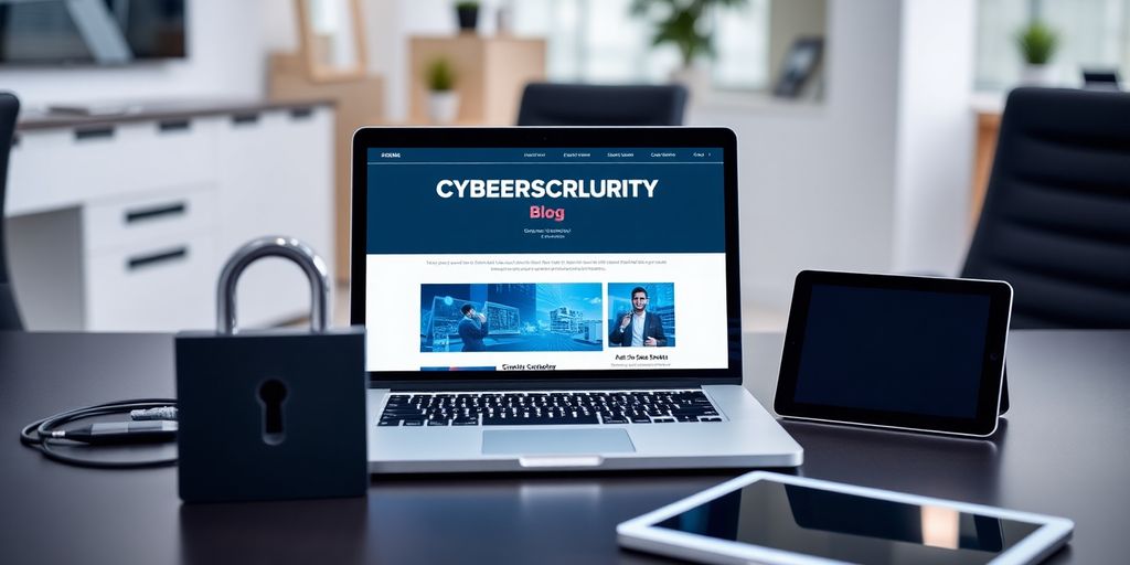 Office desk with laptop and security items for blogging.