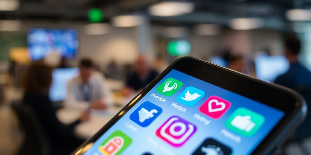 Smartphone with social media. Smartphone with social media icons in an office setting.