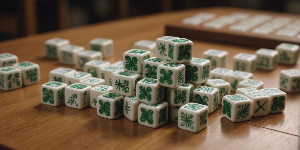 Close-up of Mahjong bamboo tiles on a wooden table with a game in progress in the background.