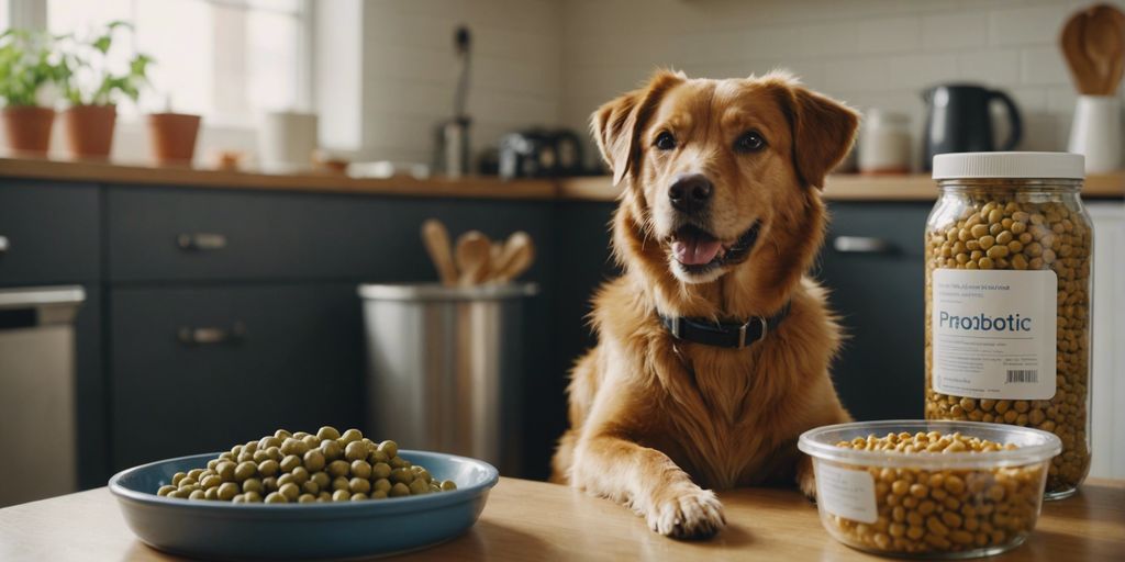 Happy dog with food bowl and probiotic supplement container, illustrating benefits and administration of probiotics.