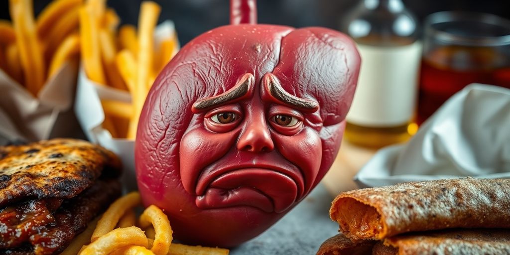 A tired liver with unhealthy foods in the background.