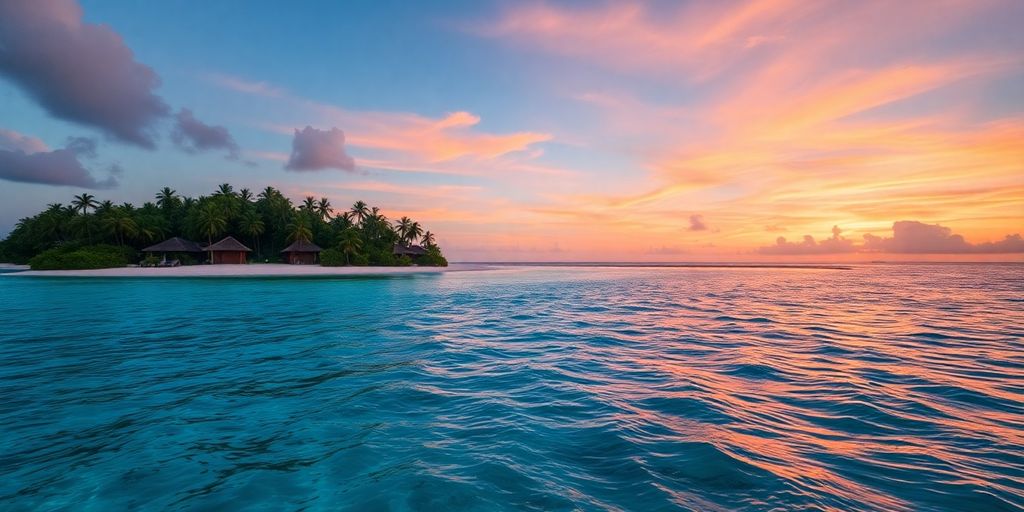 Private island with luxury bungalows and sunset view.