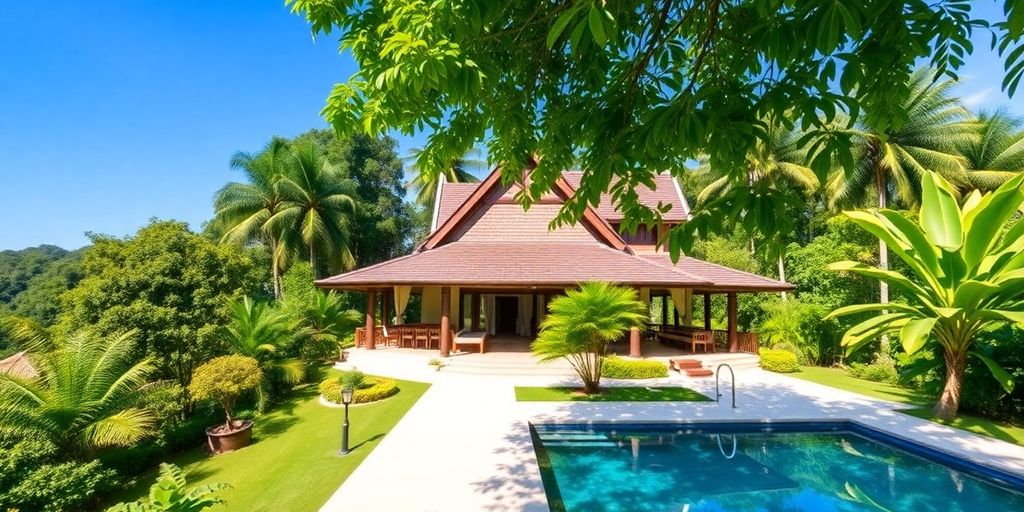 A tranquil villa in tropical Thailand with a pool.