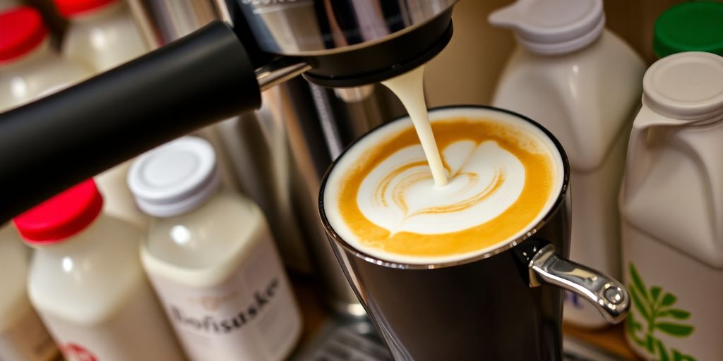 De Longhi milk frother with creamy frothed milk.