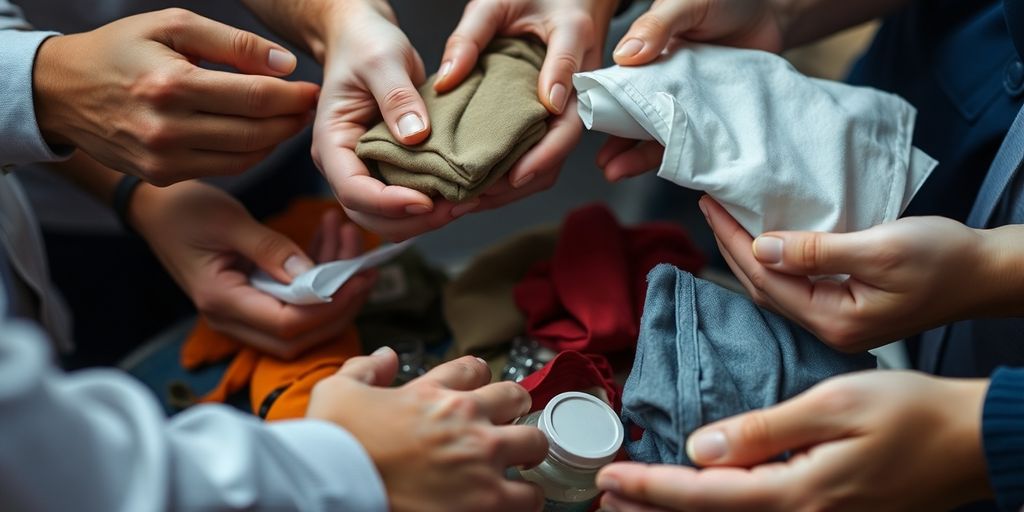 Hands exchanging goods for online resale.