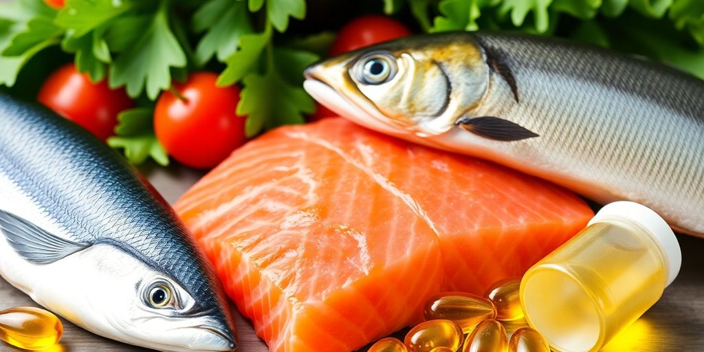 Salmon and fish oil capsules on a green background.