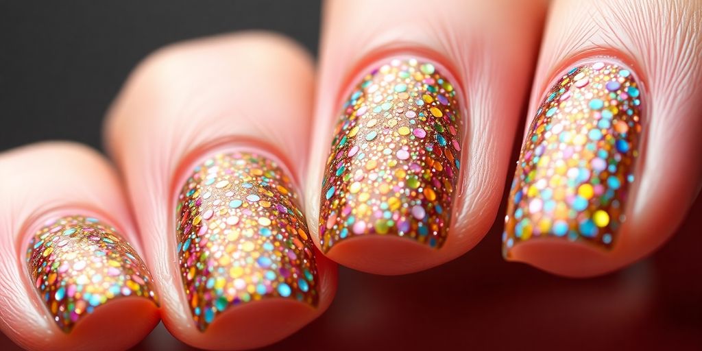 Colorful glitter on manicured nails in soft lighting.
