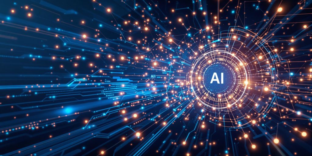 Futuristic design of quantum circuits and AI elements.